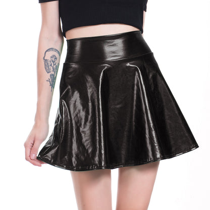 Nightclub Stage Solid Color Performance Wear Faux Leather Umbrella Skirt Women Pleated Skirt
