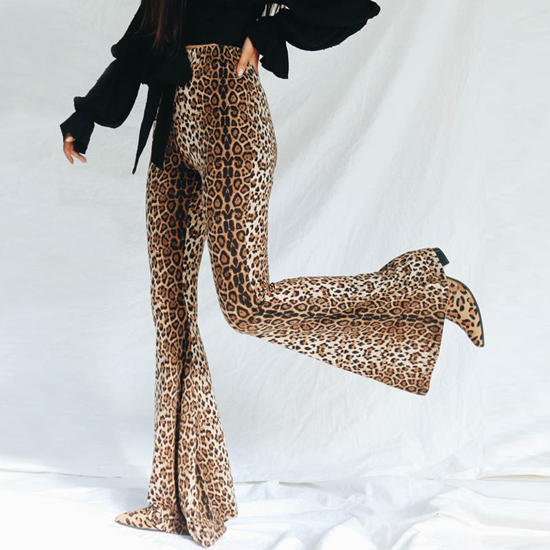 Elastic High Waist Leopard-print Bell-bottom Pants Women Long Women Clothing