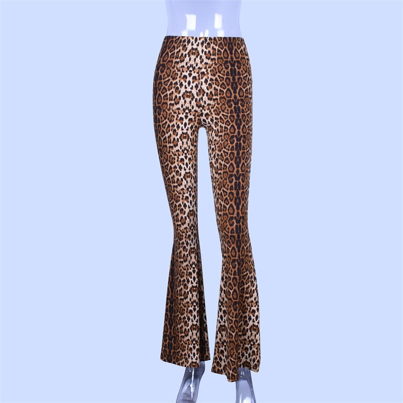 Elastic High Waist Leopard-print Bell-bottom Pants Women Long Women Clothing