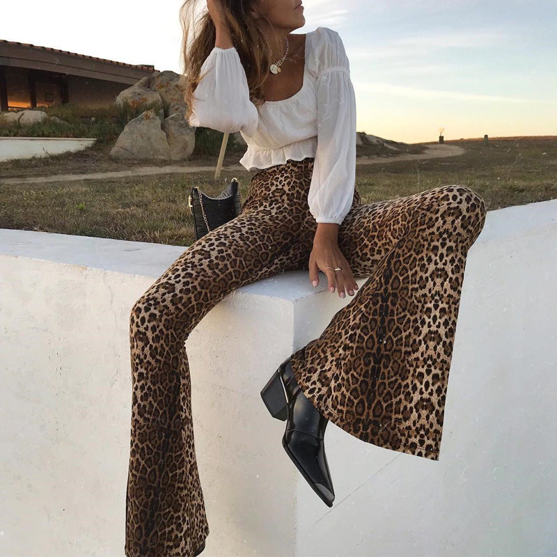 Elastic High Waist Leopard-print Bell-bottom Pants Women Long Women Clothing