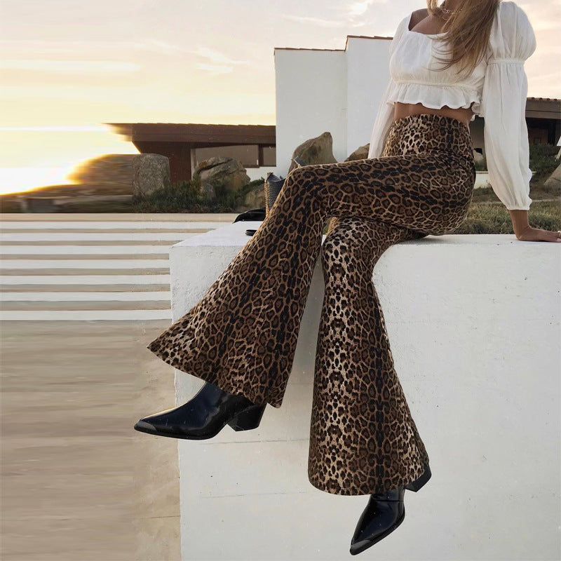 Elastic High Waist Leopard-print Bell-bottom Pants Women Long Women Clothing