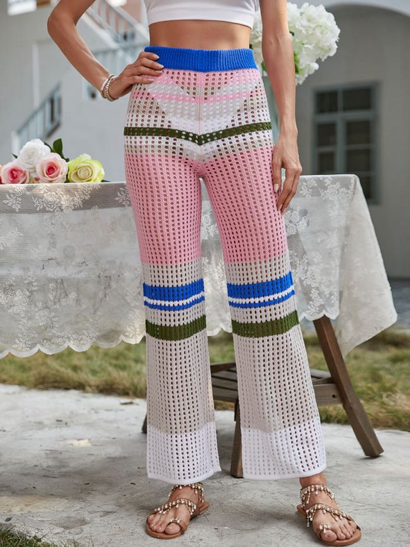 Crochet printemps été mode taille élastique tricoté mi-taille pantalon couture couleur droite pantalon décontracté Crochet