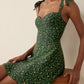 Summer Retro Casual Dark Green Small Floral Dress Short sundress Tie Strap