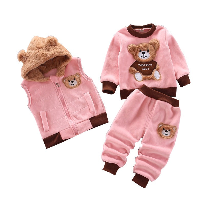 Autumn New Children's Clothing Autumn Clothing Plush Bear Three Piece Set Children's Suit Trend