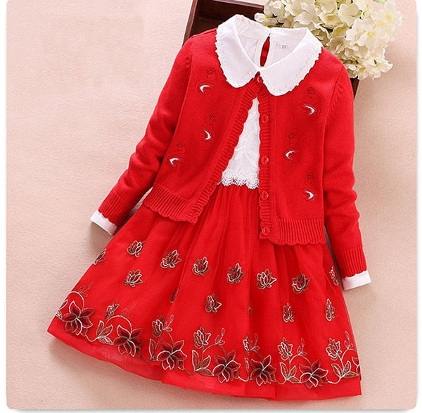 Elegant Girls clothing set new spring autumn Kids princess coat+dress 2Pcs suit for girl party children clothes