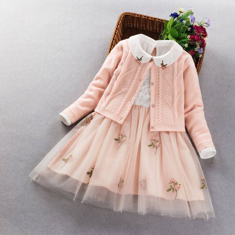 Elegant Girls clothing set new spring autumn Kids princess coat+dress 2Pcs suit for girl party children clothes