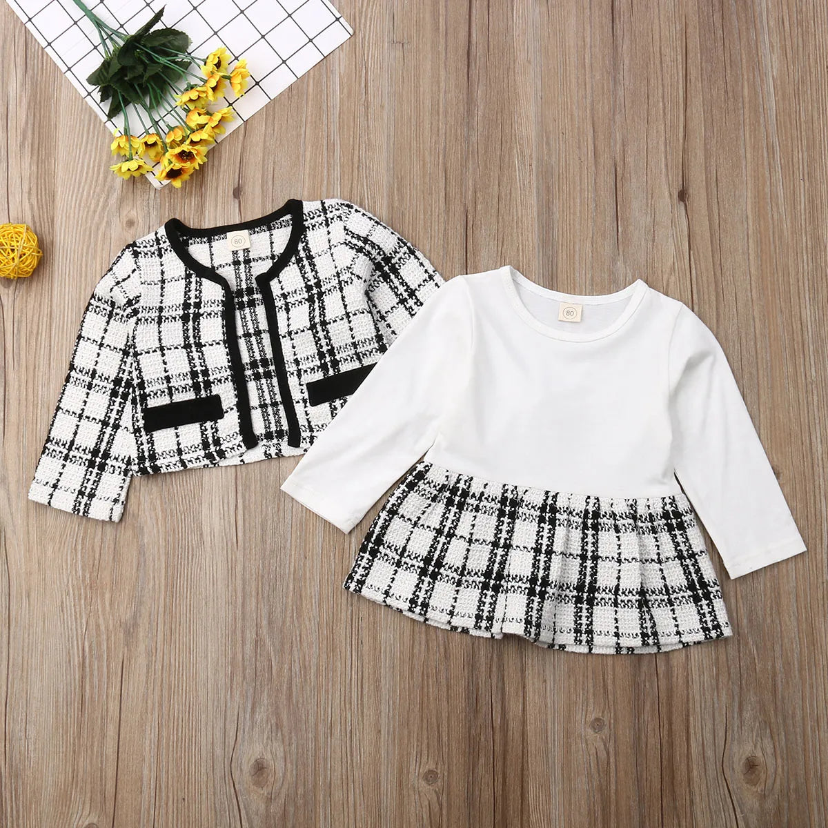 2Pcs Autumn Winter Party Kids Clothes For Baby Girl Fashion Pageant Plaid Coat Tutu Dress Outfits Suit Toddler Girl Clothing Set