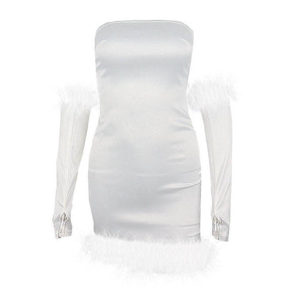 Winter Christmas Women Dress Sexy Off The Shoulder Tube Top Furry Hip Dress Oversleeve