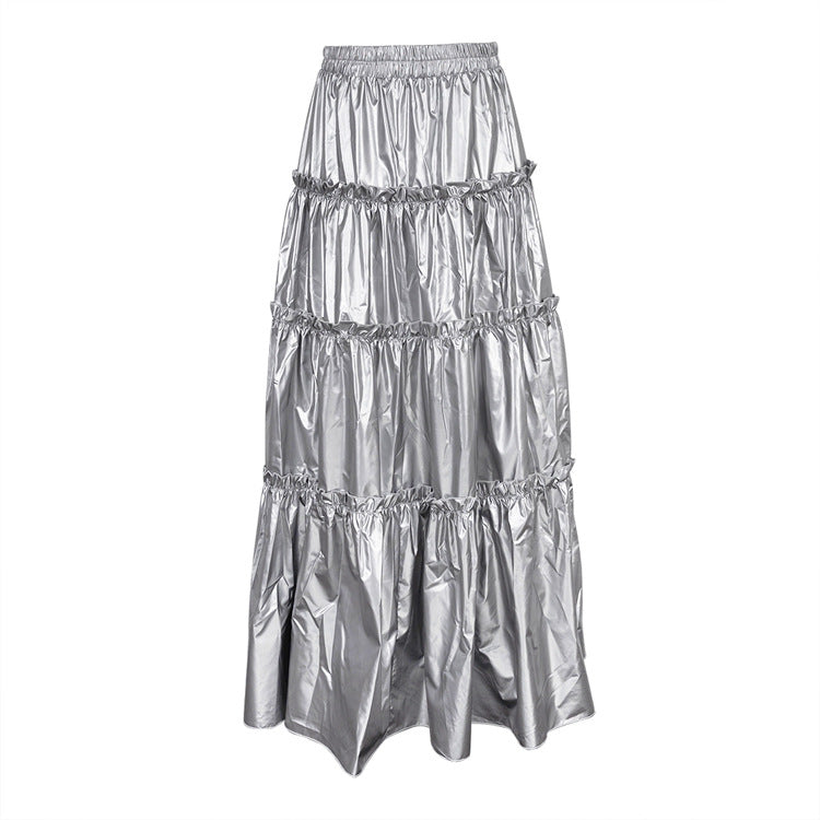 Fall Women Clothing Metallic Coated Fabric Niche Design Silver Metal High Waist Mid Length Tiered Skirt