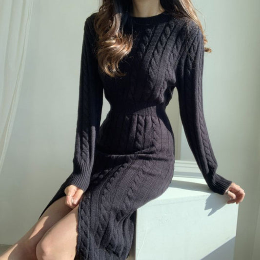 Chic Personality All Match Round Neck Hemp Pattern Front Back Wearable Design Sneaky Design Split Sweater Dress Women