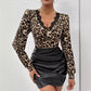 Autumn Winter Leopard Print Lace Stitching Collar Pleated T shirt Top for Women