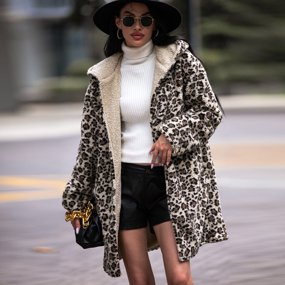 Autumn Winter Elegant Women Hooded Long Sleeve Loose Pockets Mid Length Cardigan Fluffy Leopard Coat Women