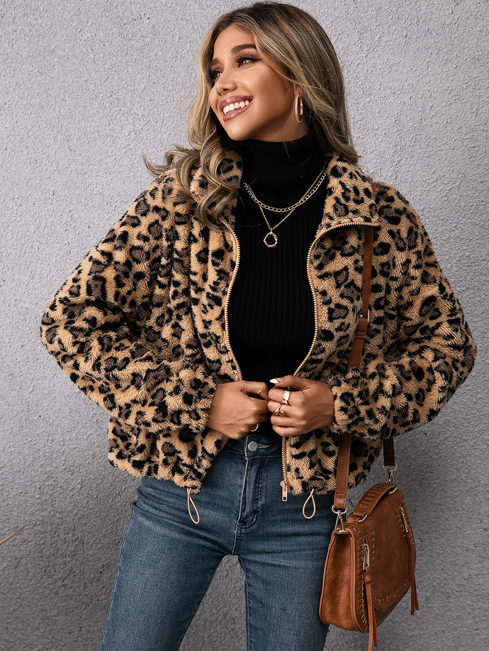 Leopard Print Collared Zipper Furry Jacket Long Sleeve Fleece Sweatshirt Coat Women