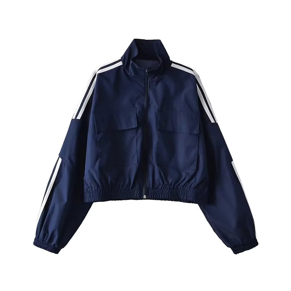 Stand Collar Zipper Jacket Small Coat Retro Street Long Sleeve Three Bars Color Contrast Short Waist Tight Cardigan Top