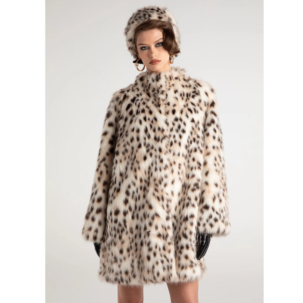 Women Fur Coat Faux Fur Mid-Length Coat Autumn Winter Stand Collar Tigercat Pattern Warm Loose Trench Coat