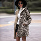 Autumn Winter Elegant Women Hooded Long Sleeve Loose Pockets Mid Length Cardigan Fluffy Leopard Coat Women