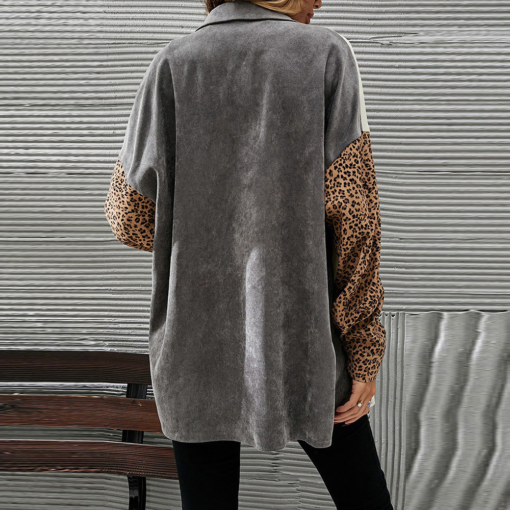 Gray Color Block Leopard Patch Corduroy Pullover Women Mid Length Long Sleeve Jacket