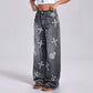 Women Clothing Vintage Cross Embroidery Straight Leg Denim