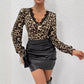 Autumn Winter Leopard Print Lace Stitching Collar Pleated T shirt Top for Women