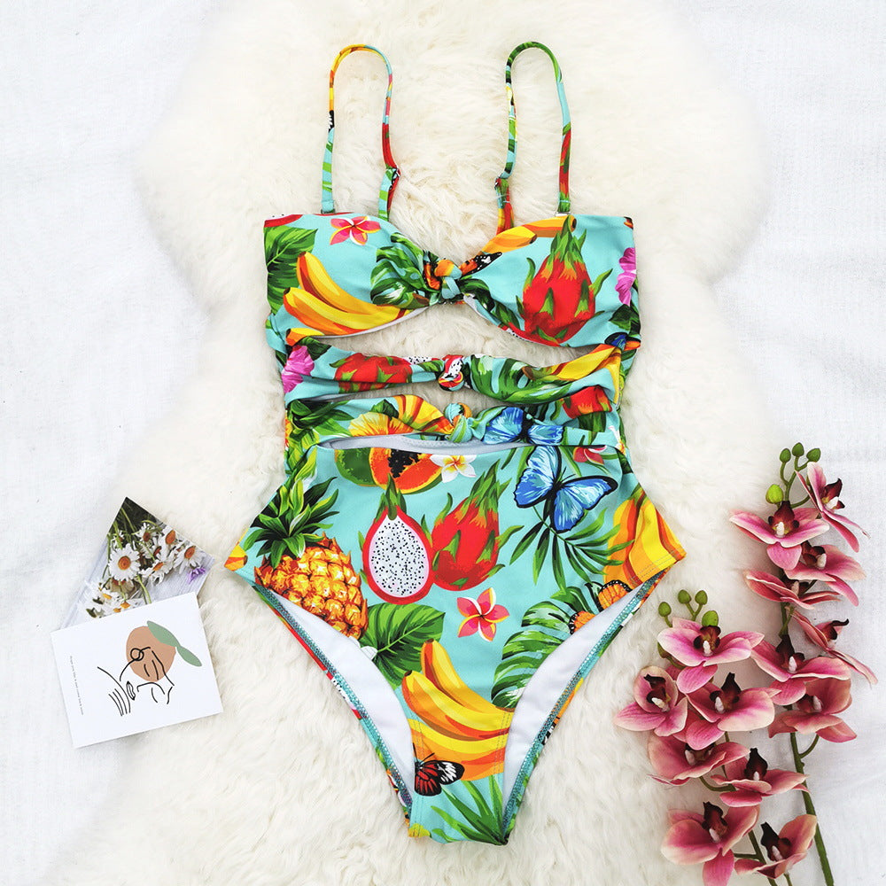 One-Piece Swimsuit Women Tube Top Blouse Strap Printing Floral Burst