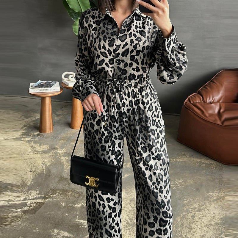 Long Sleeve Leopard Print Shirt Wide Leg Pants Two Piece Women Spring Autumn Shirt Sets