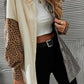 Gray Color Block Leopard Patch Corduroy Pullover Women Mid Length Long Sleeve Jacket