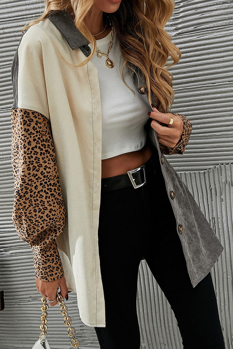 Gray Color Block Leopard Patch Corduroy Pullover Women Mid Length Long Sleeve Jacket