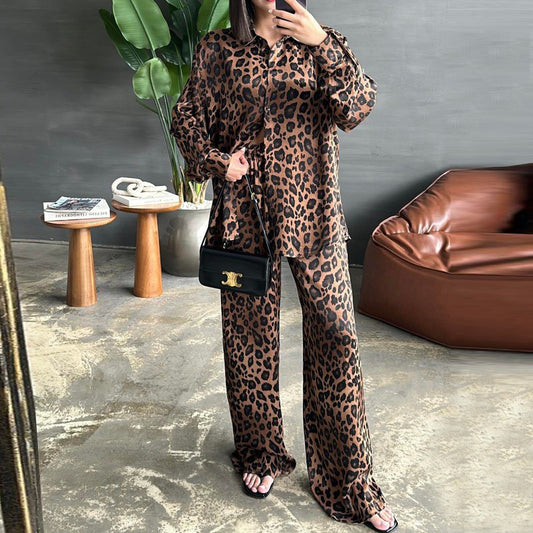 Long Sleeve Leopard Print Shirt Wide Leg Pants Two Piece Women Spring Autumn Shirt Sets