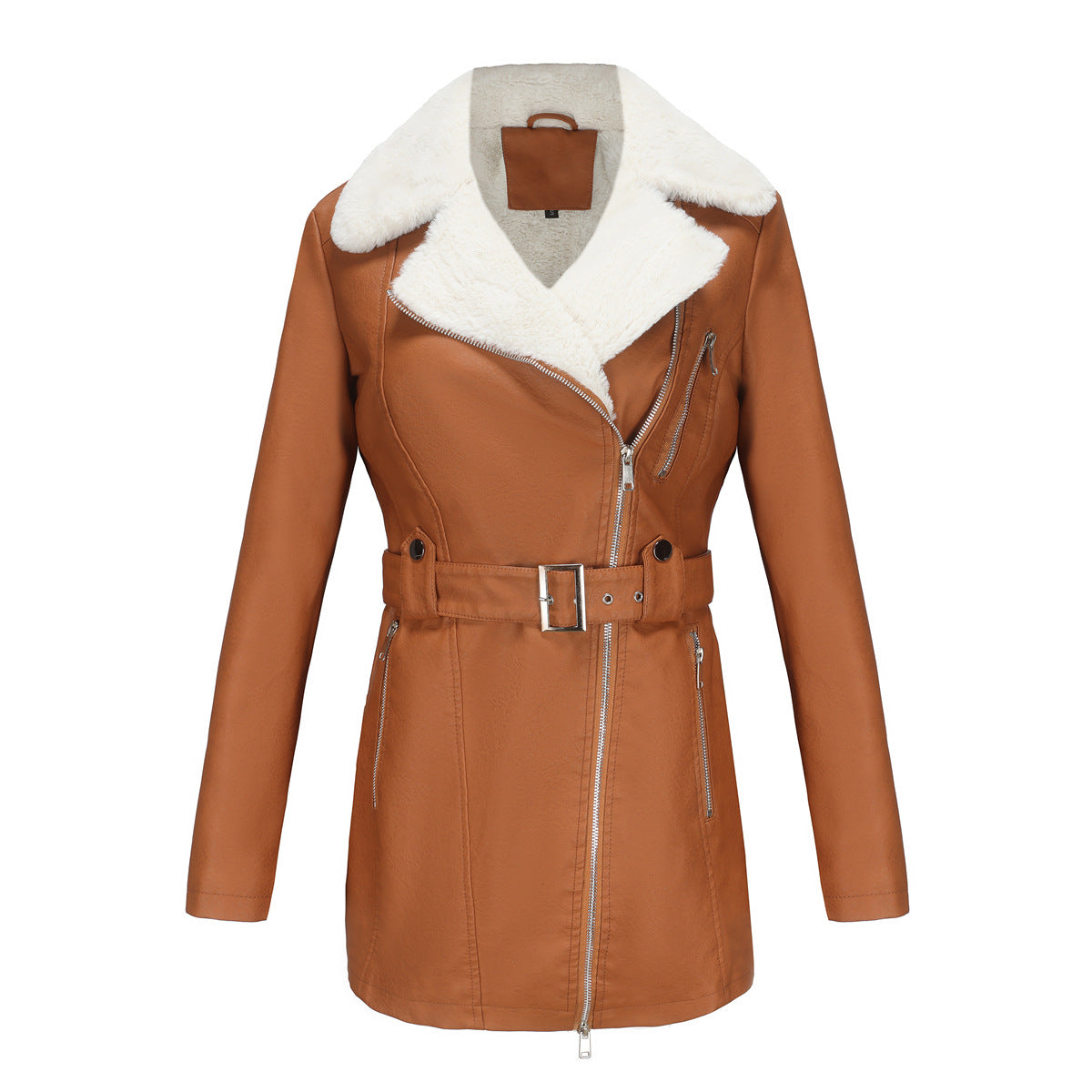 Autumn Winter Long Sleeved Fleece Leather Jacket Women Collared Double Headed Zipper With Belt Warm Coat