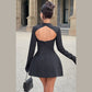 Autumn Winter Women Clothing High Class Elegant Backless round Neck A line dress Solid Color Slim Fit Long Sleeves Dress