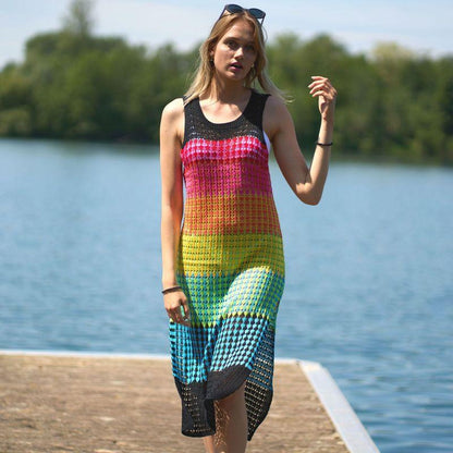 Knitted Rainbow Bar Beach Cover up Sexy Strap Dress Vacation Skirt Beach Cover Up