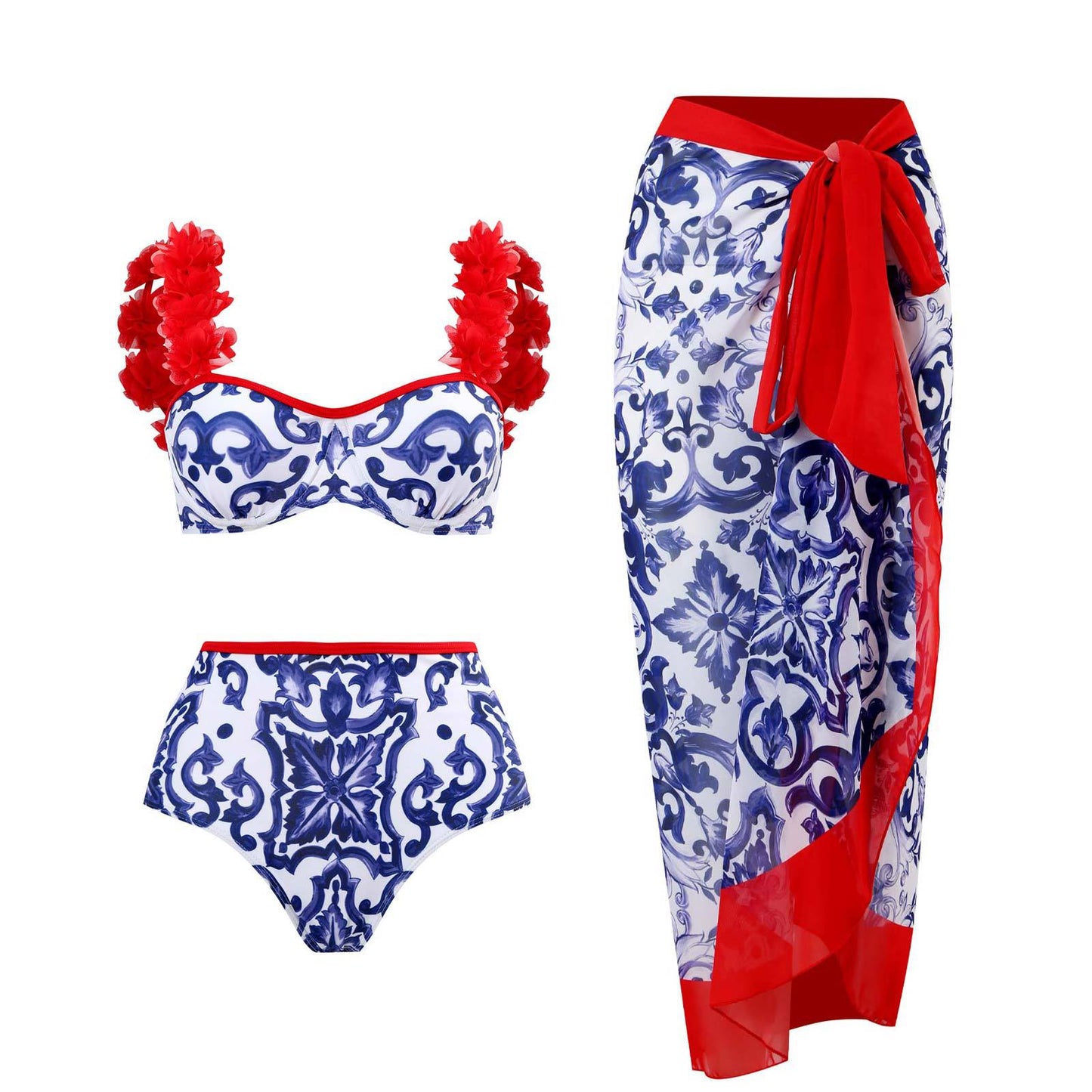 Retro Split Swimsuit Three Piece Set Swimsuit Lace Up Beach Skirt