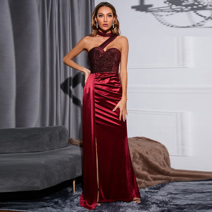 Light Luxury High Grade Burgundy Fishtail Split High End Cocktail Single off Shoulder Evening Dress