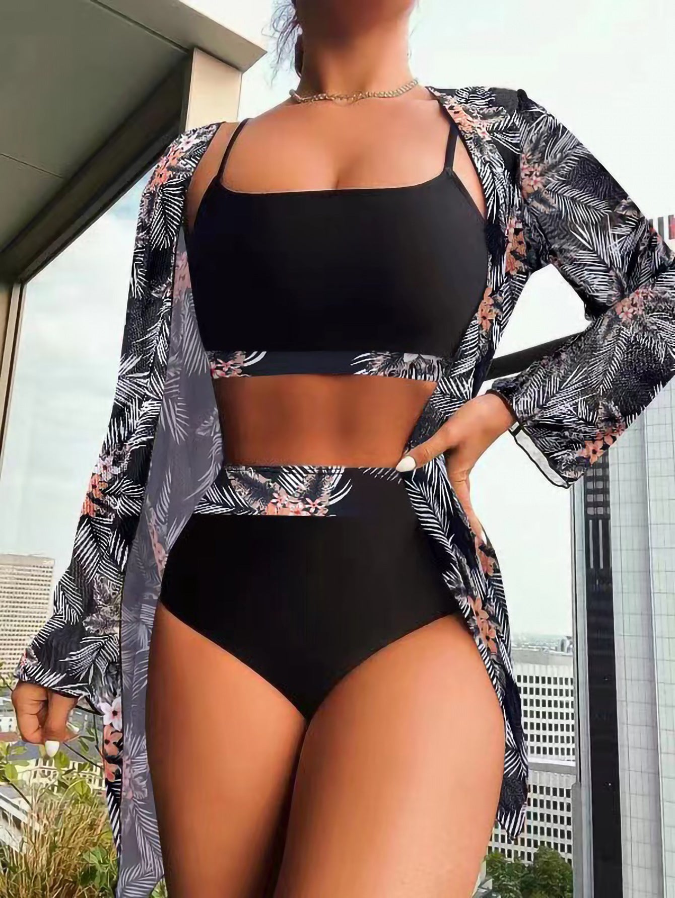 Swimsuit Women's Split Three Piece Suit High Waist Long Sleeves Blouse Shade Suit