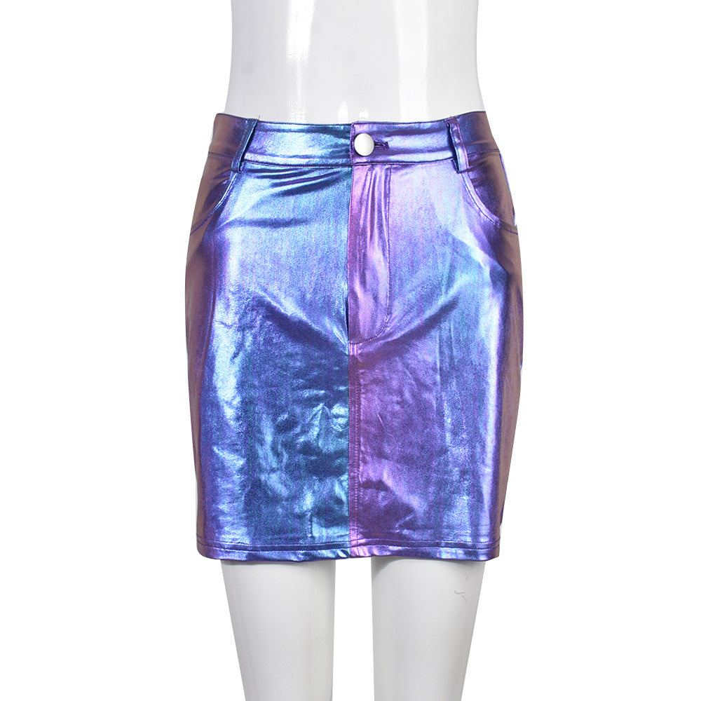 Metallic Coated Fabric Women Clothing Color Changing Glossy Personalized Sexy Stretch Ultra Short Skirt for Women