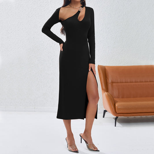 Women Clothing Sexy Irregular Asymmetric Hollow Out Cutout Out Slim Fit Solid Color Oblique Shoulder Fashionable Craftily Designed Off Shoulder Dress