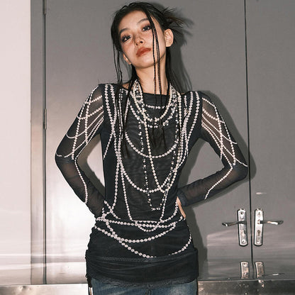 Fashionable Trendy 3D Bead Necklace Printed Drawstring Long Sleeved Top Women Clothing Autumn