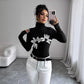 Spring Women Black Sexy Turtleneck Floral Applique Long Sleeved Fitted T shirt Top Women