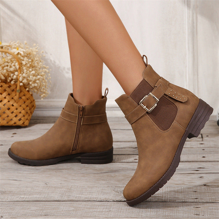 Elastic Buckle Side Zipper Women Flat Boots