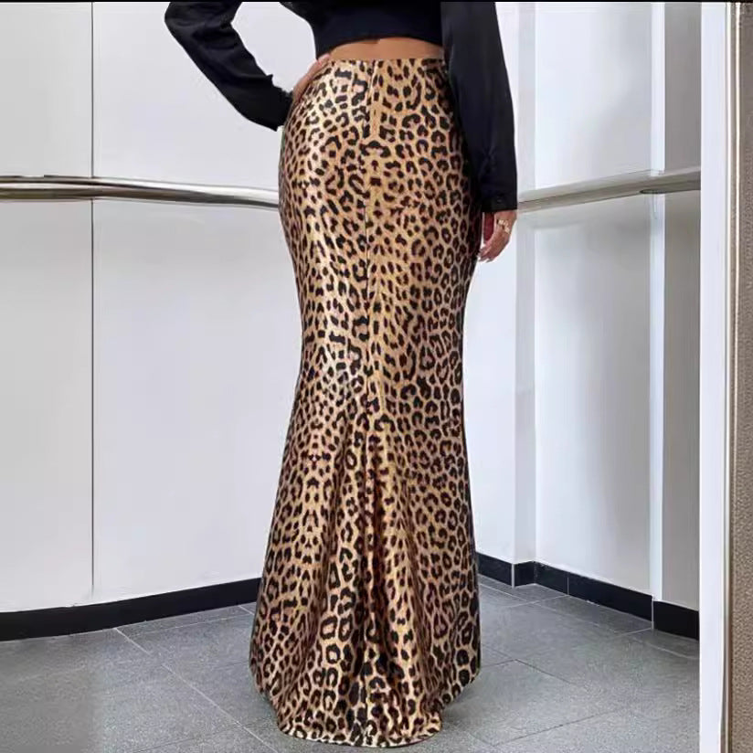 Leopard Print Printed Sexy Sheath Fishtail Skirt Mop Skirt Women Spring Clothing Drape Dress