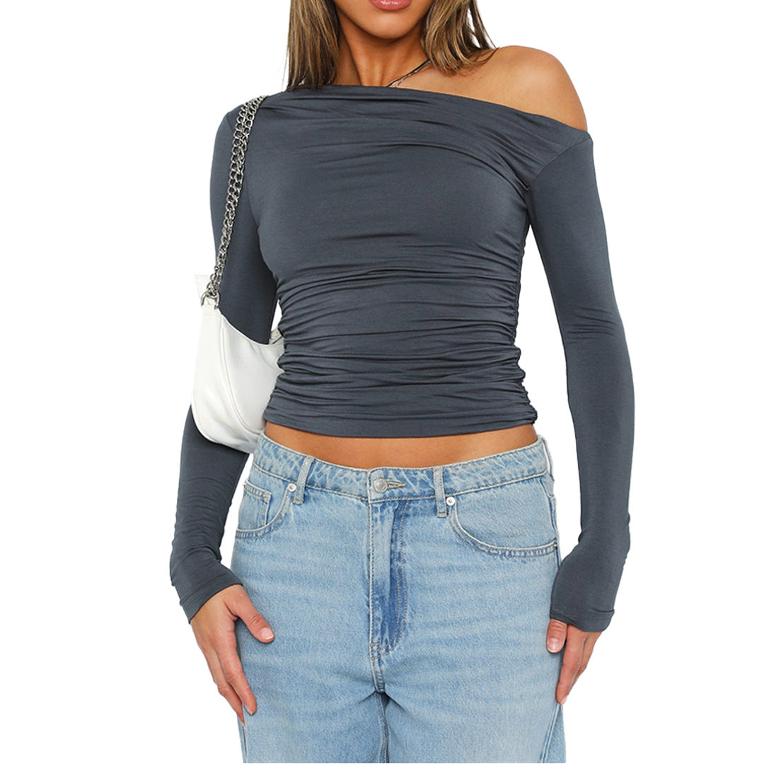 Women Clothing Solid Color Pleated Off Shoulder Pleated Diagonal Collar Off Shoulder Top