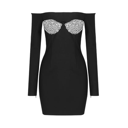 Spring Black Heavy Industry Sequin Diamond Decorations Chest Cup Strapless Stretch Dress Bandage Dress Evening Dress