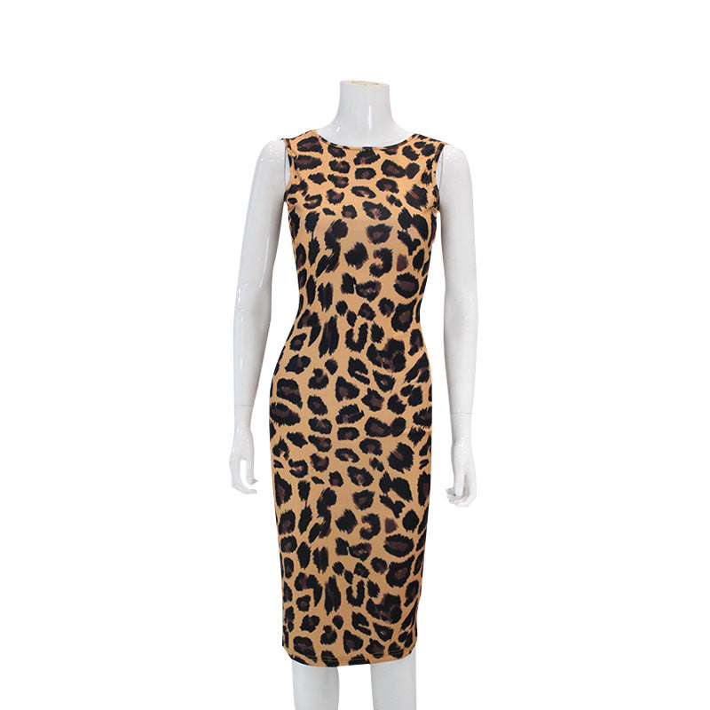 Women Clothing Leopard Print Sexy Dress Sleeveless Vest Bare Back Sexy Hip Dress Midi Dress