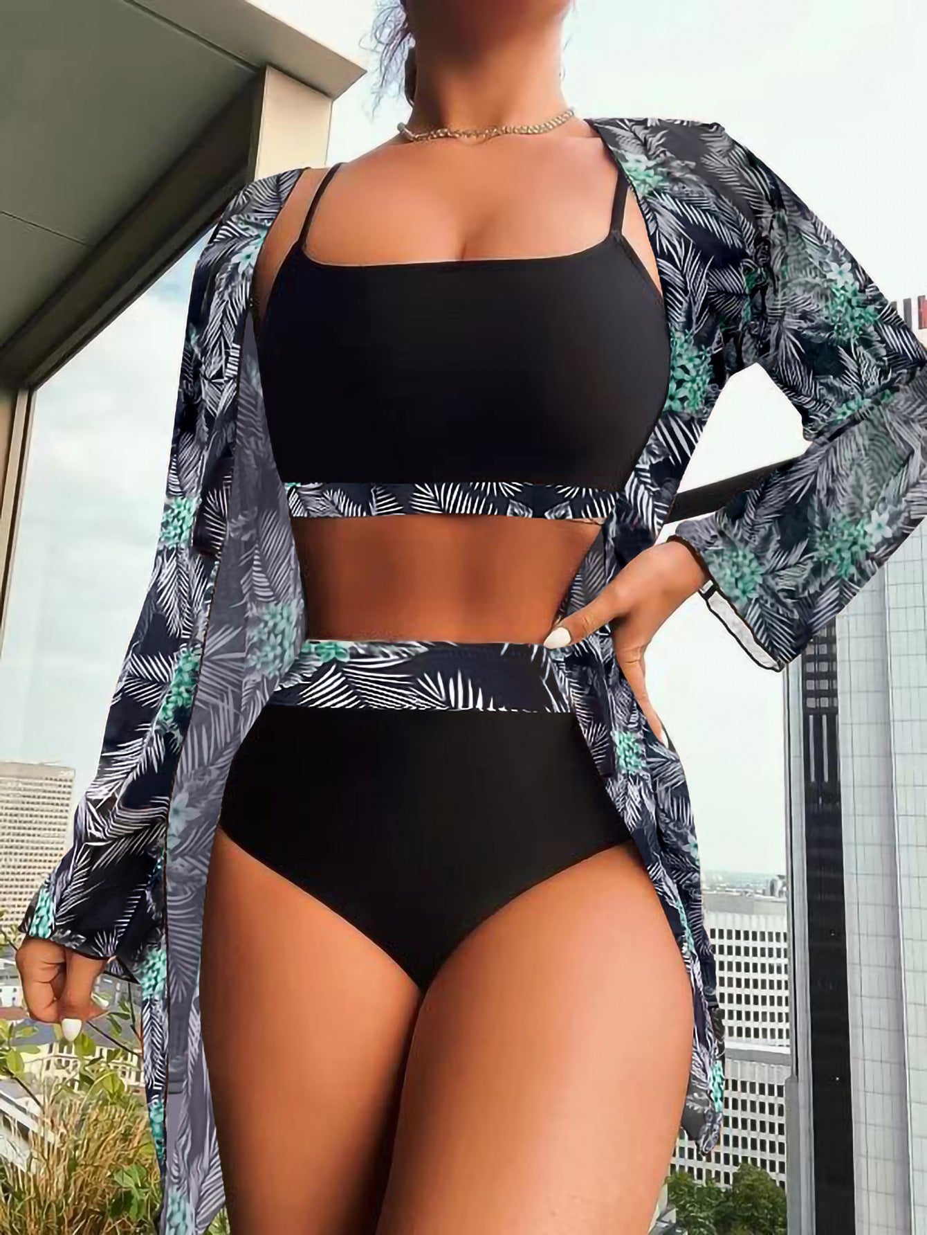 Swimsuit Women's Split Three Piece Suit High Waist Long Sleeves Blouse Shade Suit