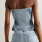 Denim Suit Women Color Contrast Patchwork Tube Top Three Dimensional Split Double Zipper Stitching Elastic Washed Jeans Two Piece Set