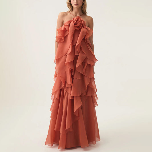 Elegant Lady Patchwork Ruffled Maxi Dress Early Spring Halter Backless Design Maxi Dress Women