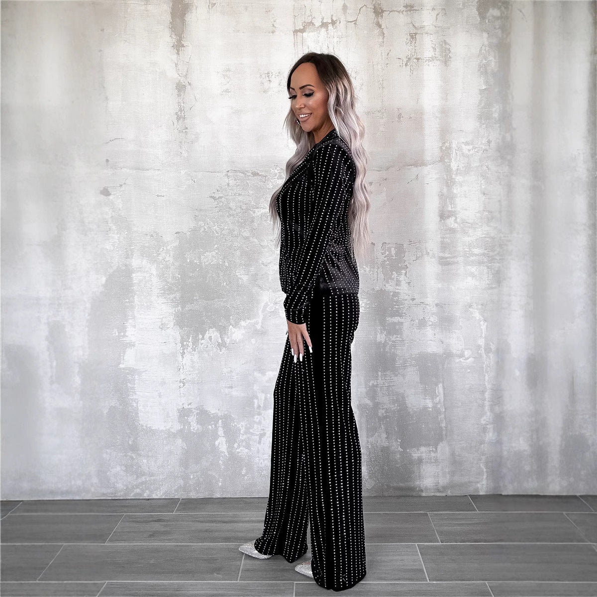 Rhinestone Velvet Work Pant Set Women Clothing One Button Long Sleeve Jacket Casual Pants