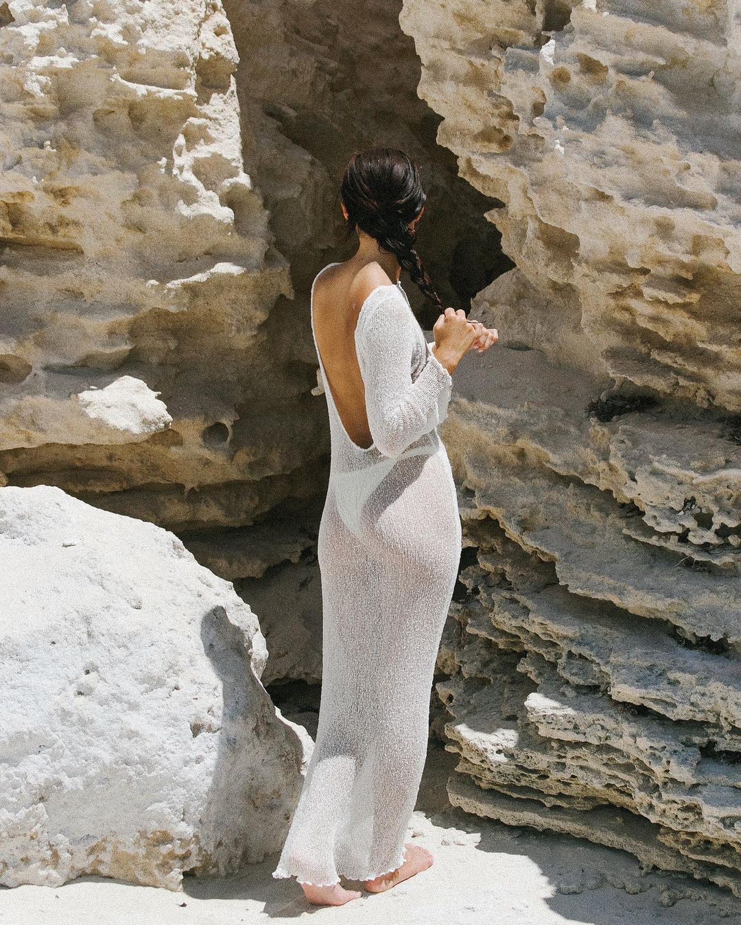 Sexy abito lungo in lana bohémien con copertura aderente da spiaggia, aderente e senza schienale