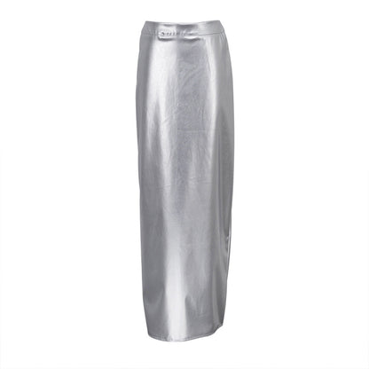Metallic Coated fabric Women Clothing Spring Graceful Fashionable High Waist Slit Slimming Hip Skirt Faux Leather Long Skirt