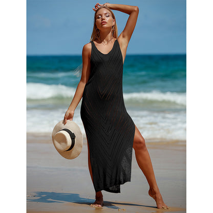 Voyage vacances Sexy dos nu col en V couleur unie respirant tricoté Maxi robe plage soleil Protection Blouse